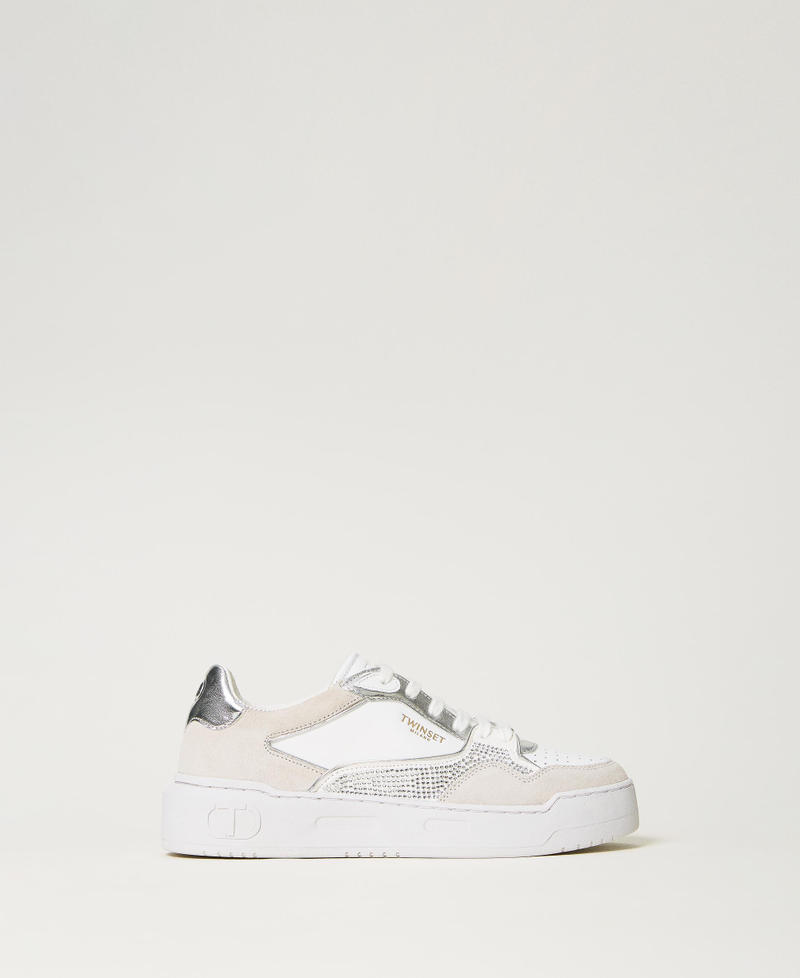 Leather trainers with logo and rhinestones