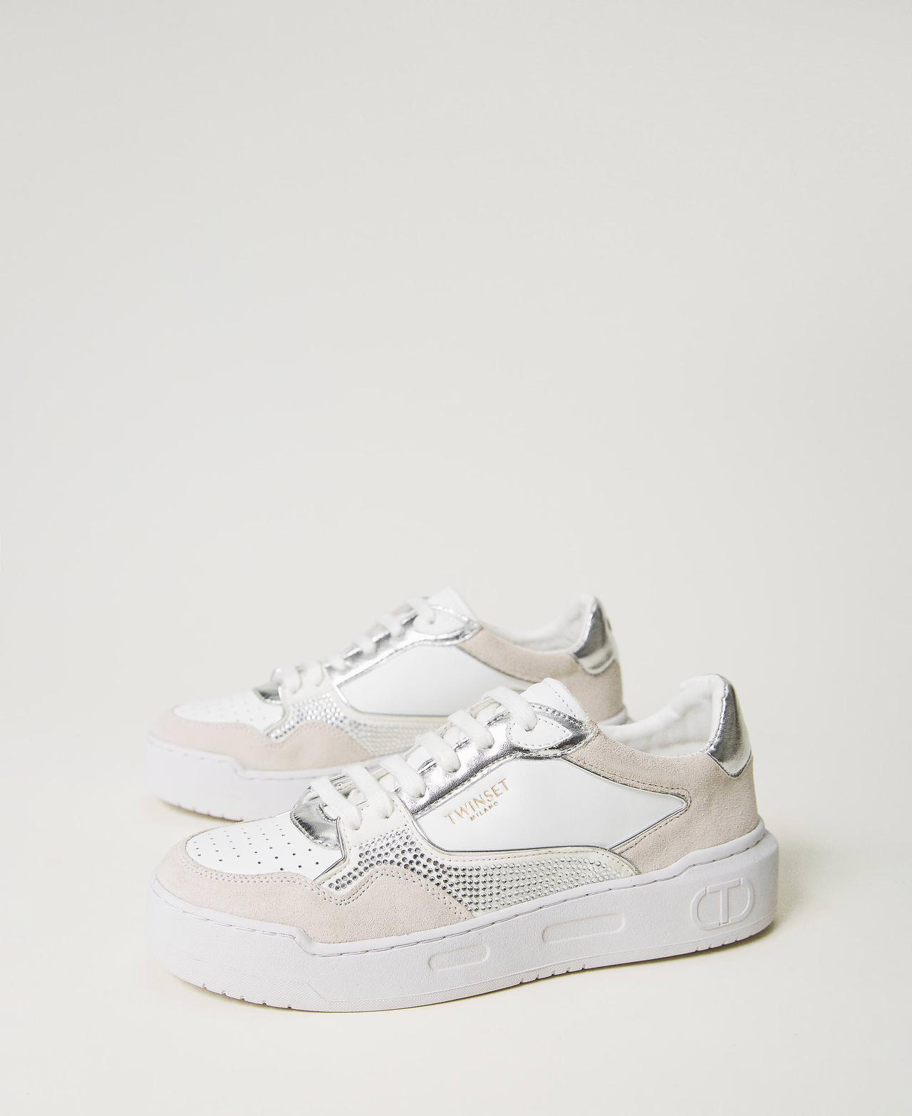 Leather trainers with logo and rhinestones