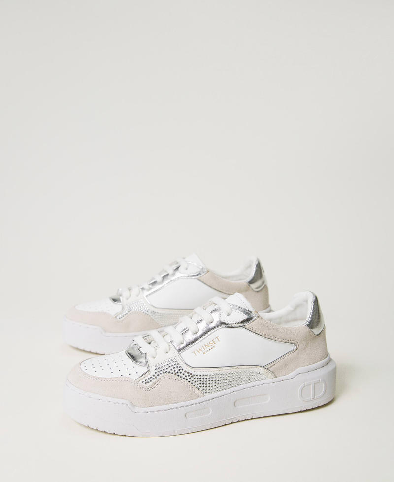 Leather trainers with logo and rhinestones