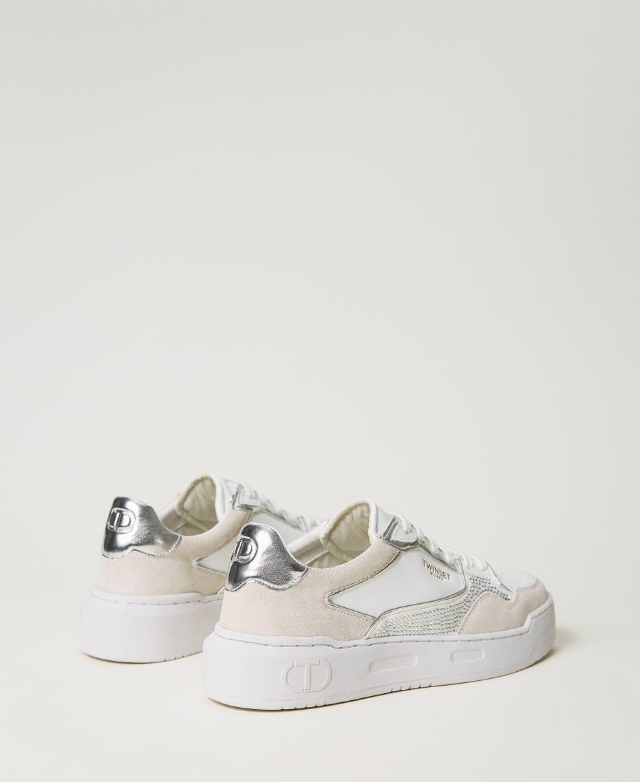 Leather trainers with logo and rhinestones
