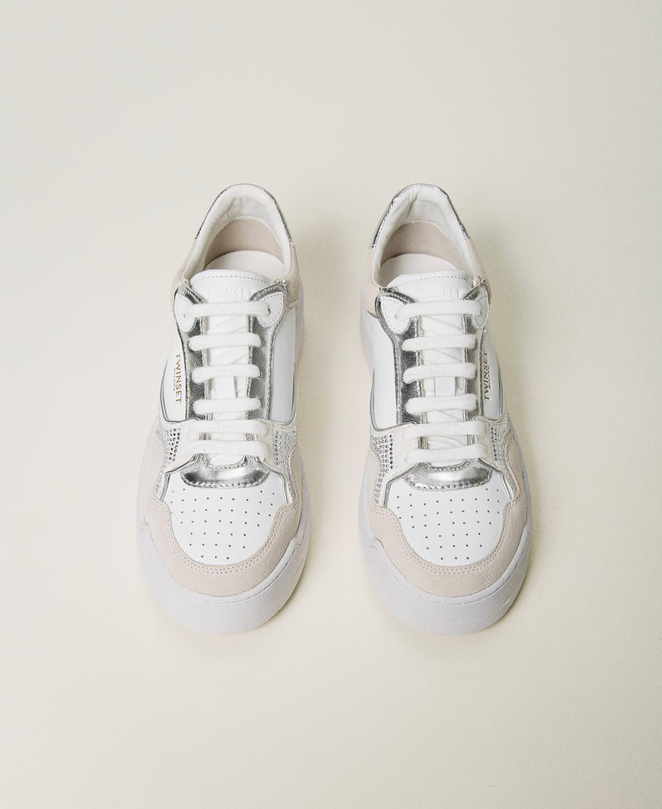 Leather trainers with logo and rhinestones