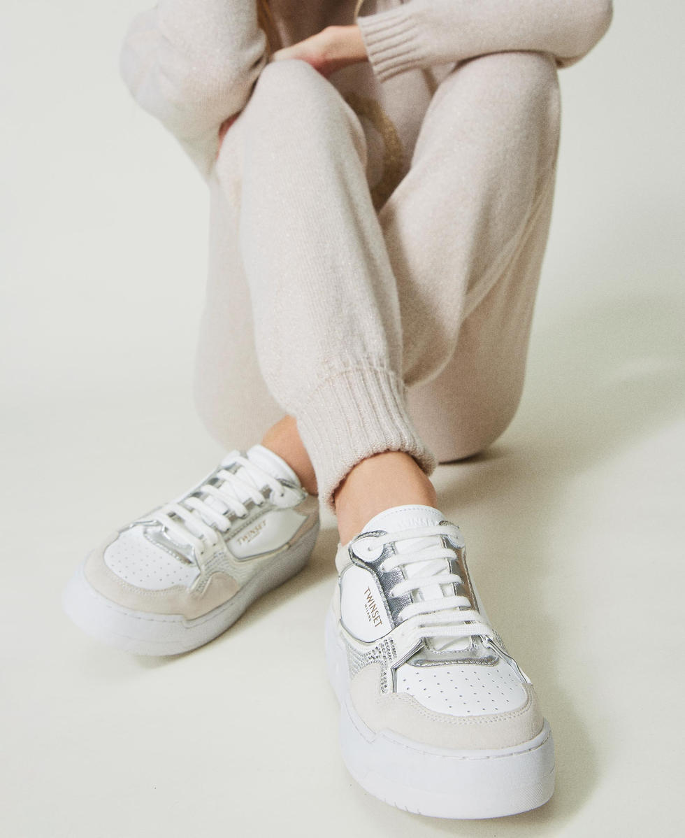 Leather trainers with logo and rhinestones