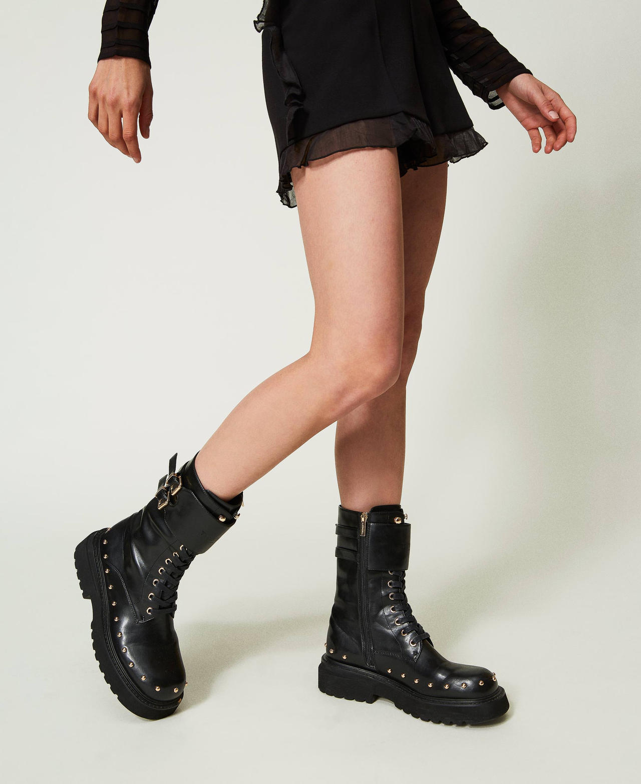 Combat boots with buckles and studs Black Woman 232TCT040-0S