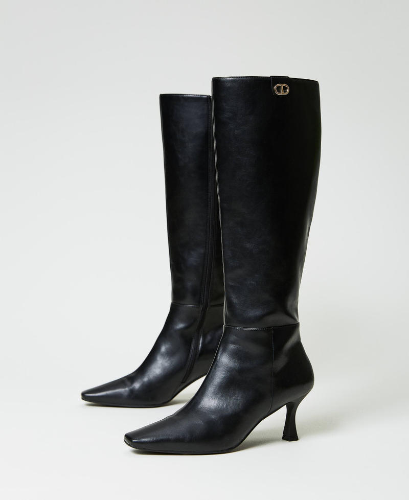 Kitten heel high boots with Oval T
