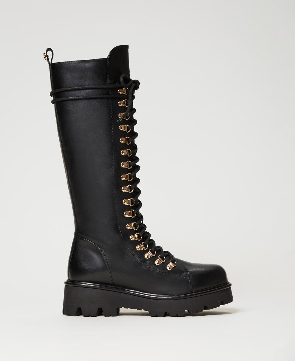 Ladies black leather combat boots discount