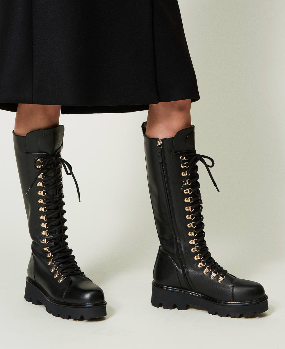 High top leather combat boots Woman Black TWINSET Milano