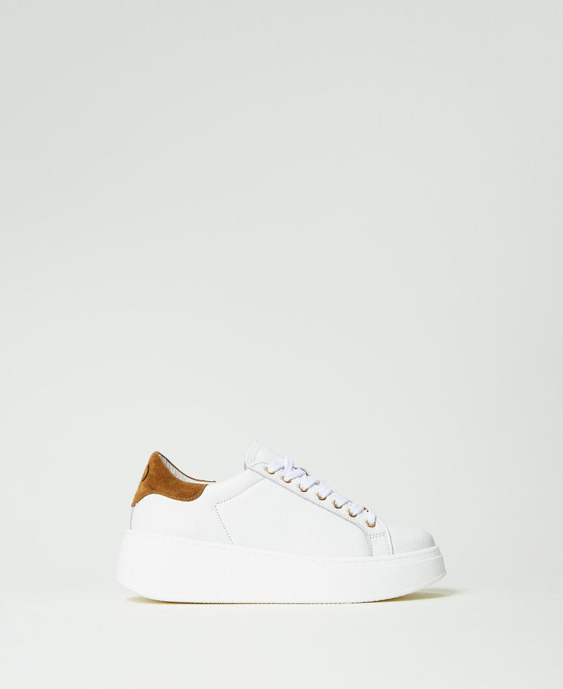 Sneakers in pelle con logo Bicolor Bianco Ottico / Marrone "Pecan" Donna 232TCT190-01