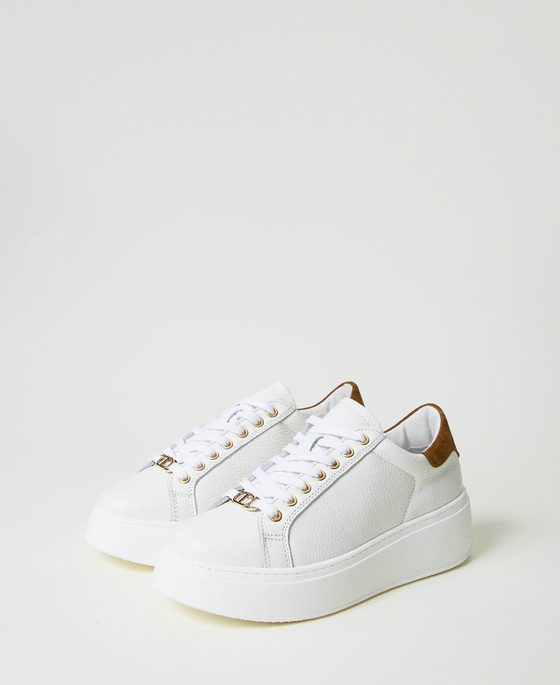 Sneakers in pelle con logo Bicolor Bianco Ottico / Marrone "Pecan" Donna 232TCT190-02