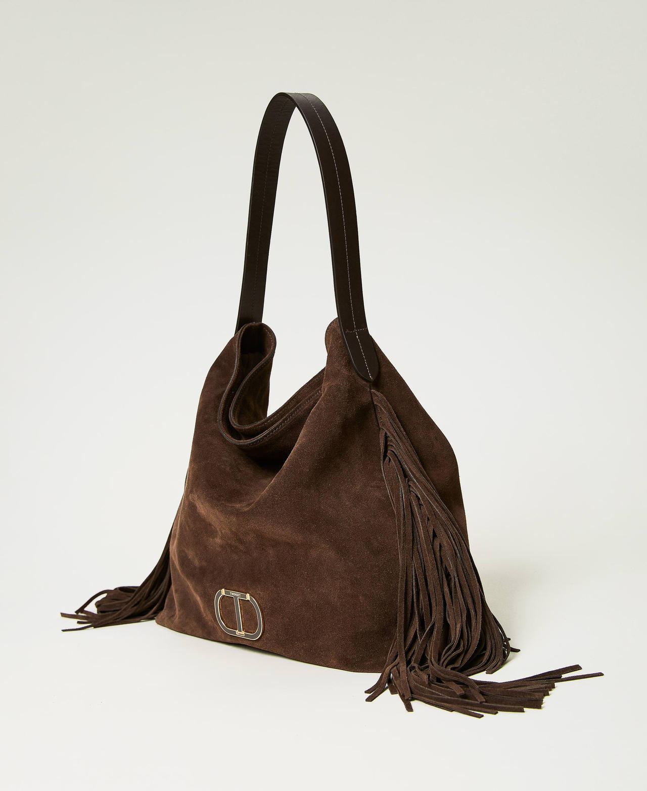 Bolso hobo Melrose de piel con flecos Mujer, Marrón TWINSET Milano