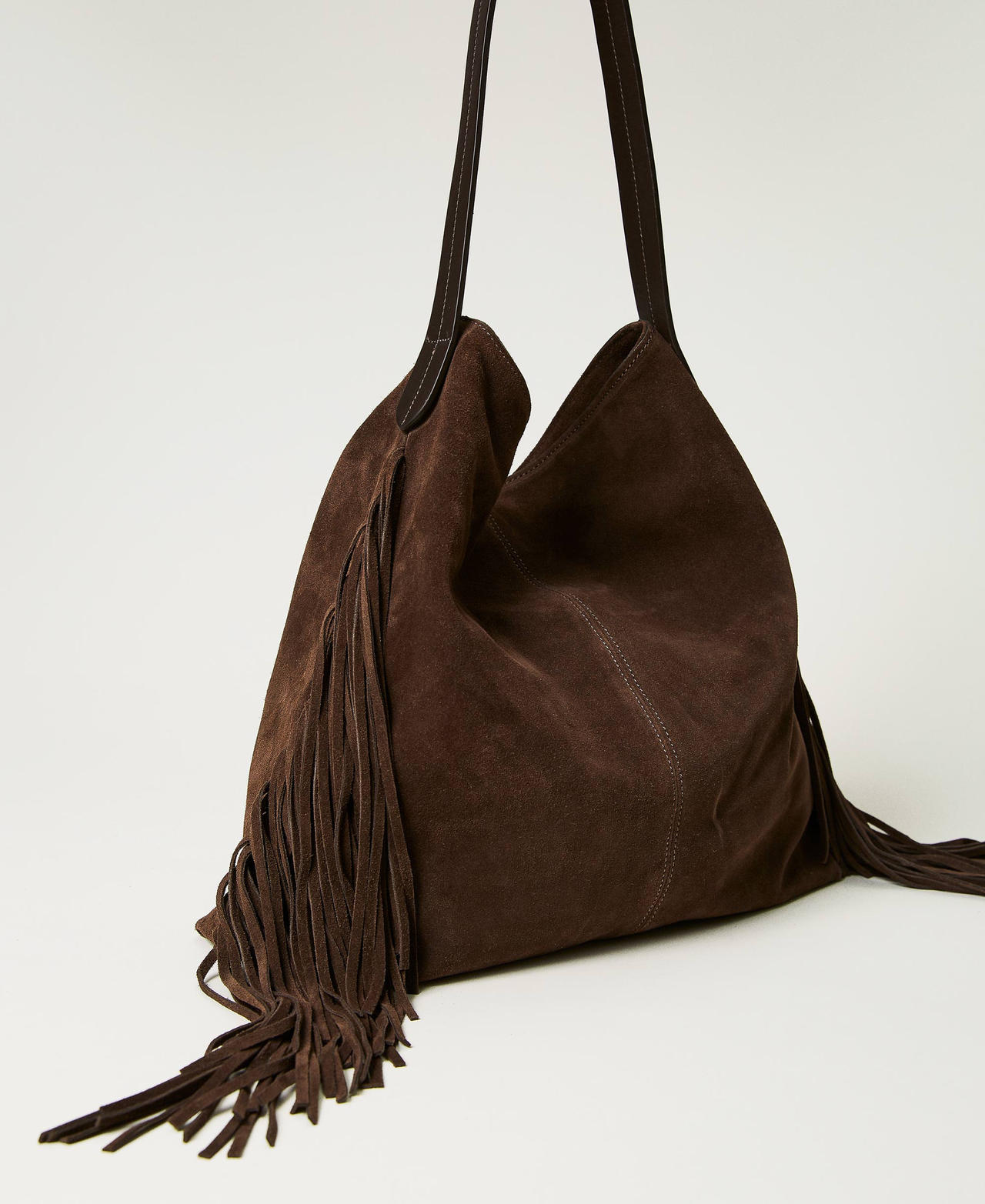 Bolso hobo Melrose de piel con flecos Mujer, Marrón TWINSET Milano