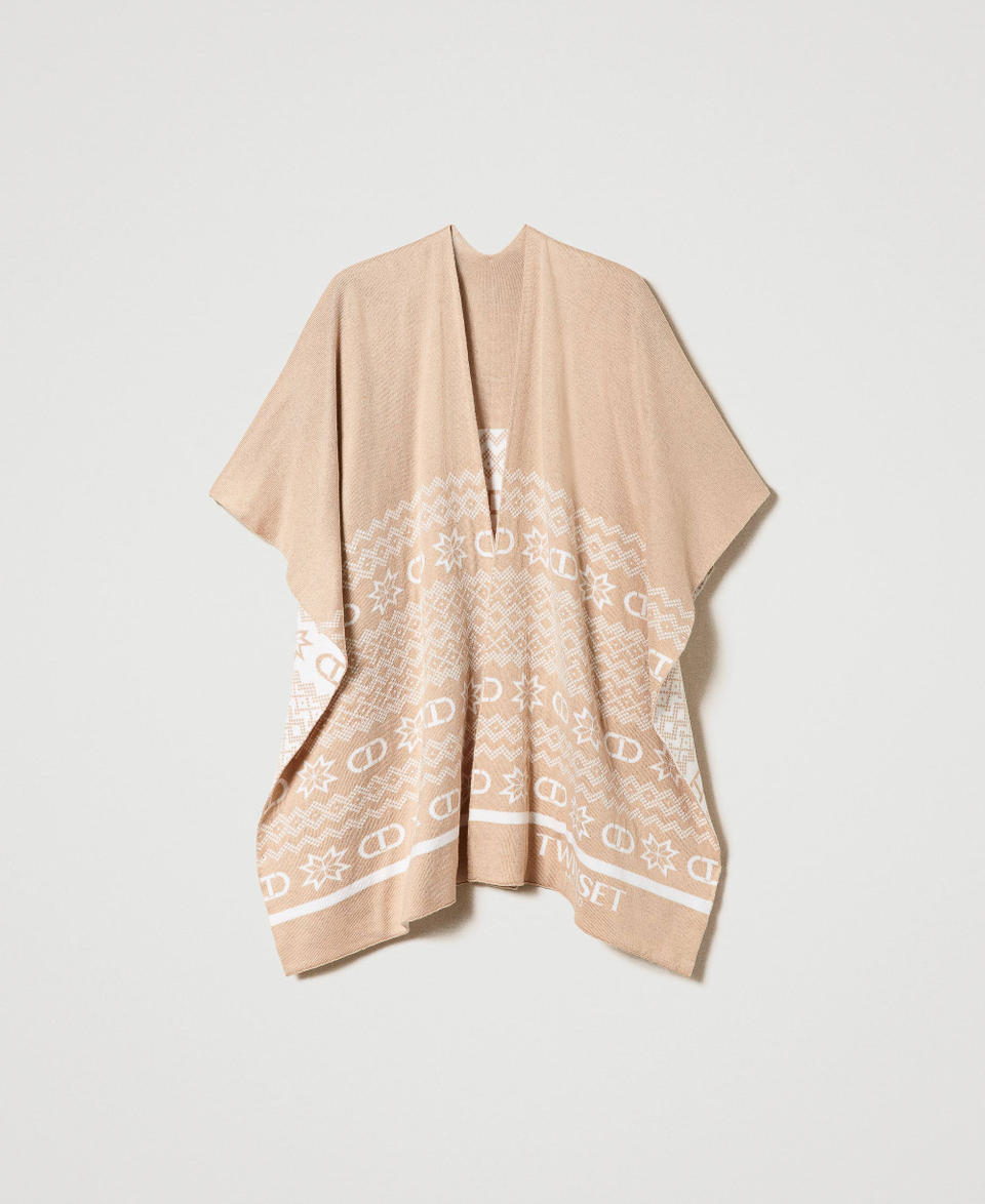 Jacquard open poncho with Oval T Pecan Brown Woman 232TO5022_11063_0S