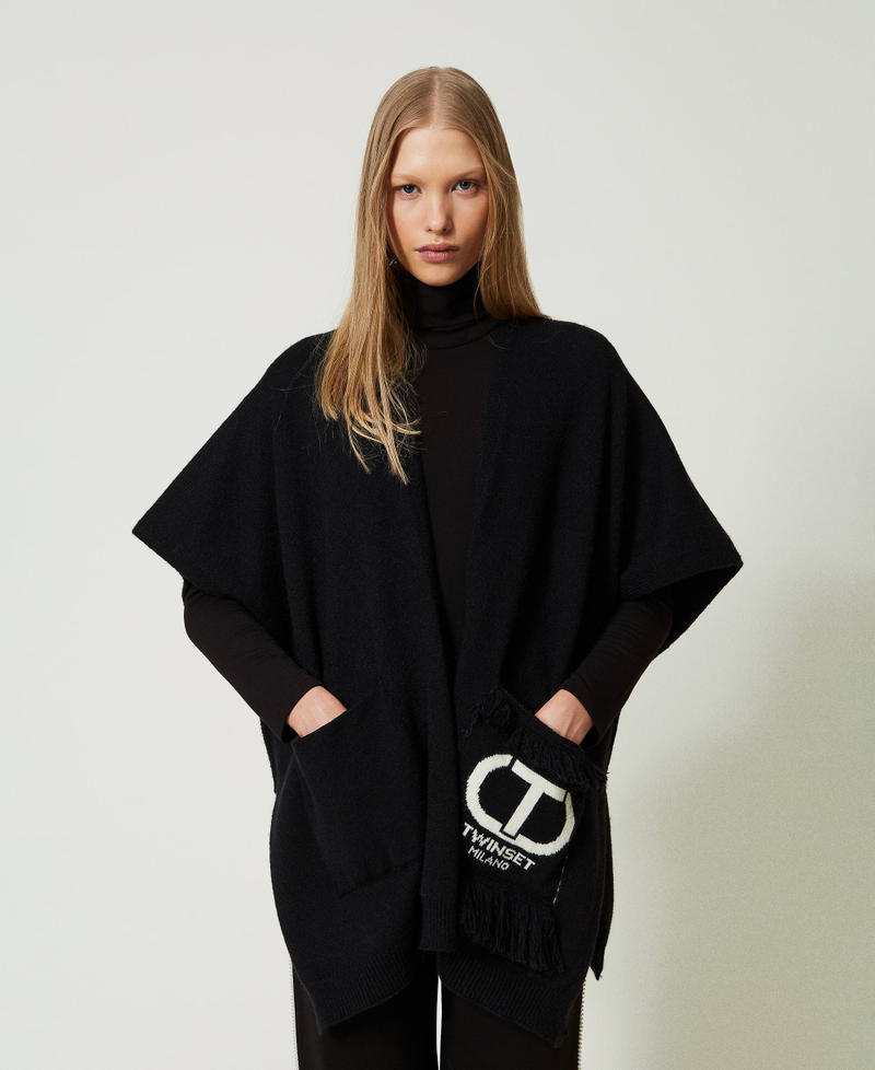 Open poncho with logo and fringes Black Woman 232TO5110-01