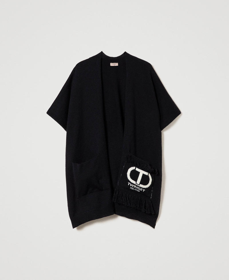 Open poncho with logo and fringes Black Woman 232TO5110_00006_0S