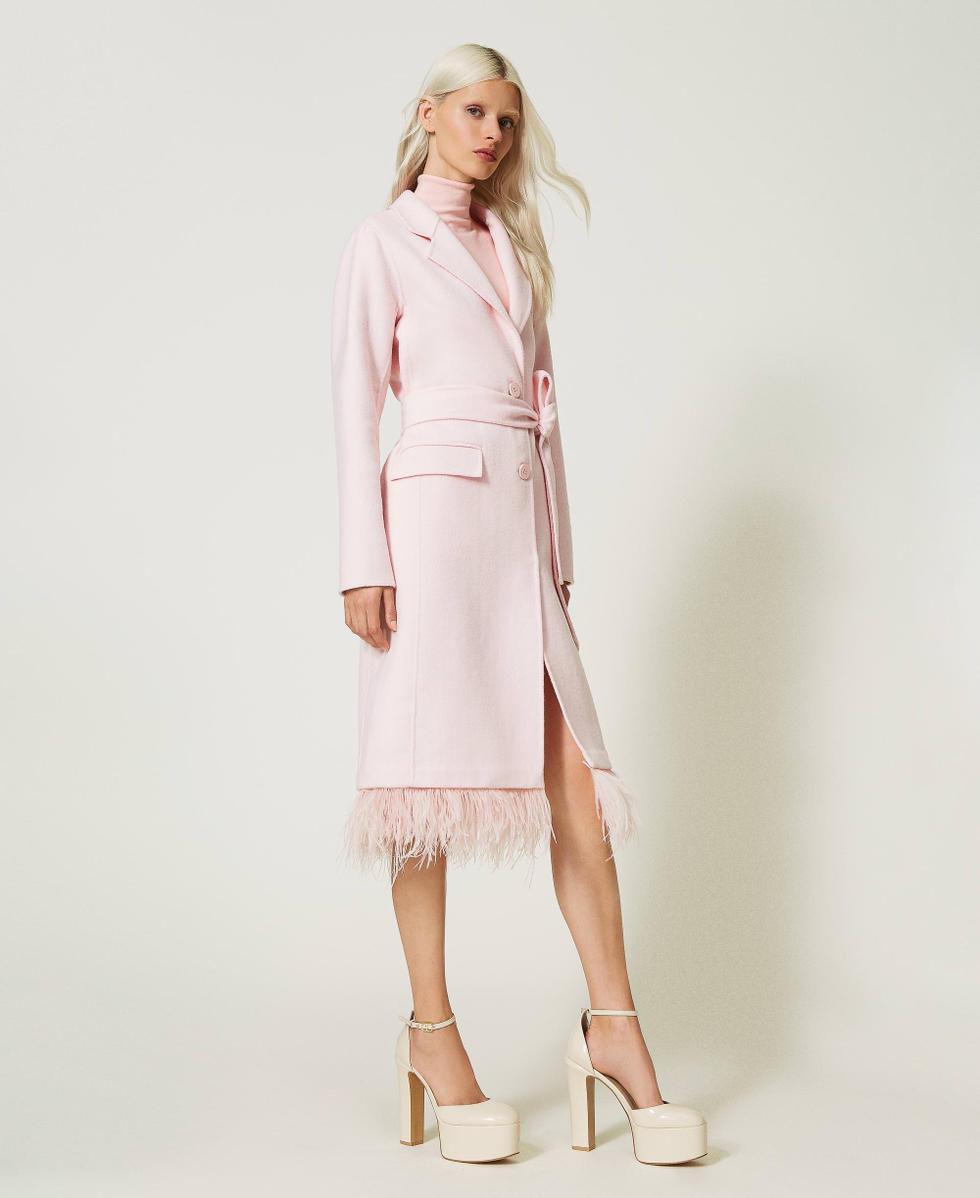 Doubled wool coat with feathers Woman, Pink | TWINSET Milano