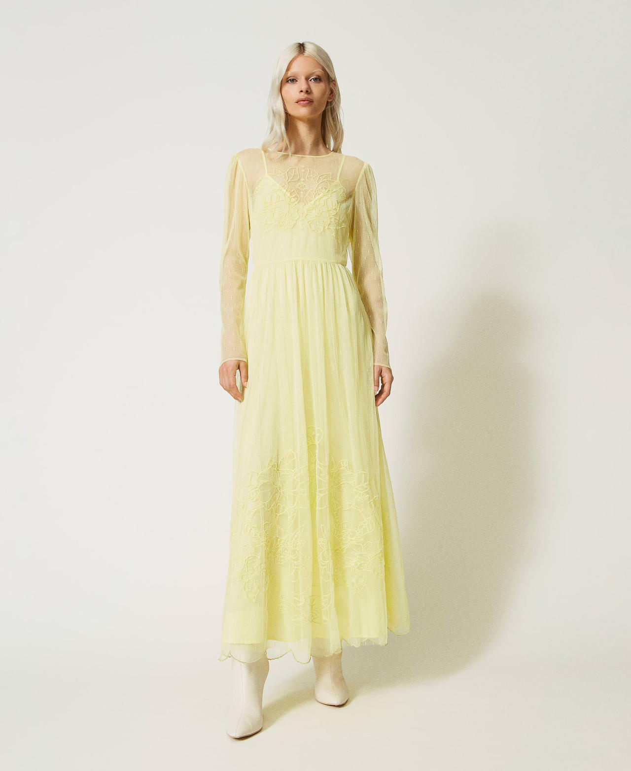 Long plumetis tulle dress with embroidery Iris Yellow Woman 232TP2101-02