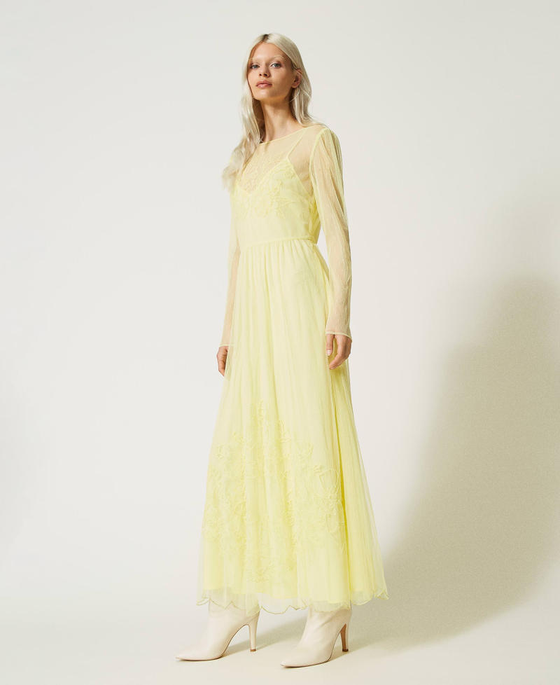 Long plumetis tulle dress with embroidery Iris Yellow Woman 232TP2101-03
