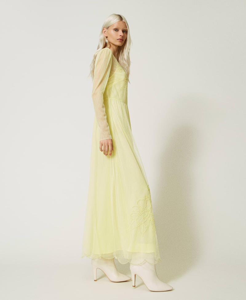 Long plumetis tulle dress with embroidery Iris Yellow Woman 232TP2101-04