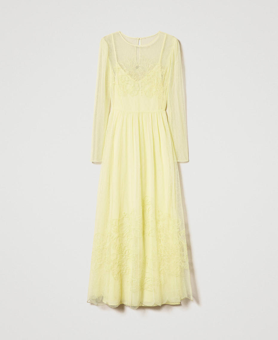Long plumetis tulle dress with embroidery Iris Yellow Woman 232TP2101-0S