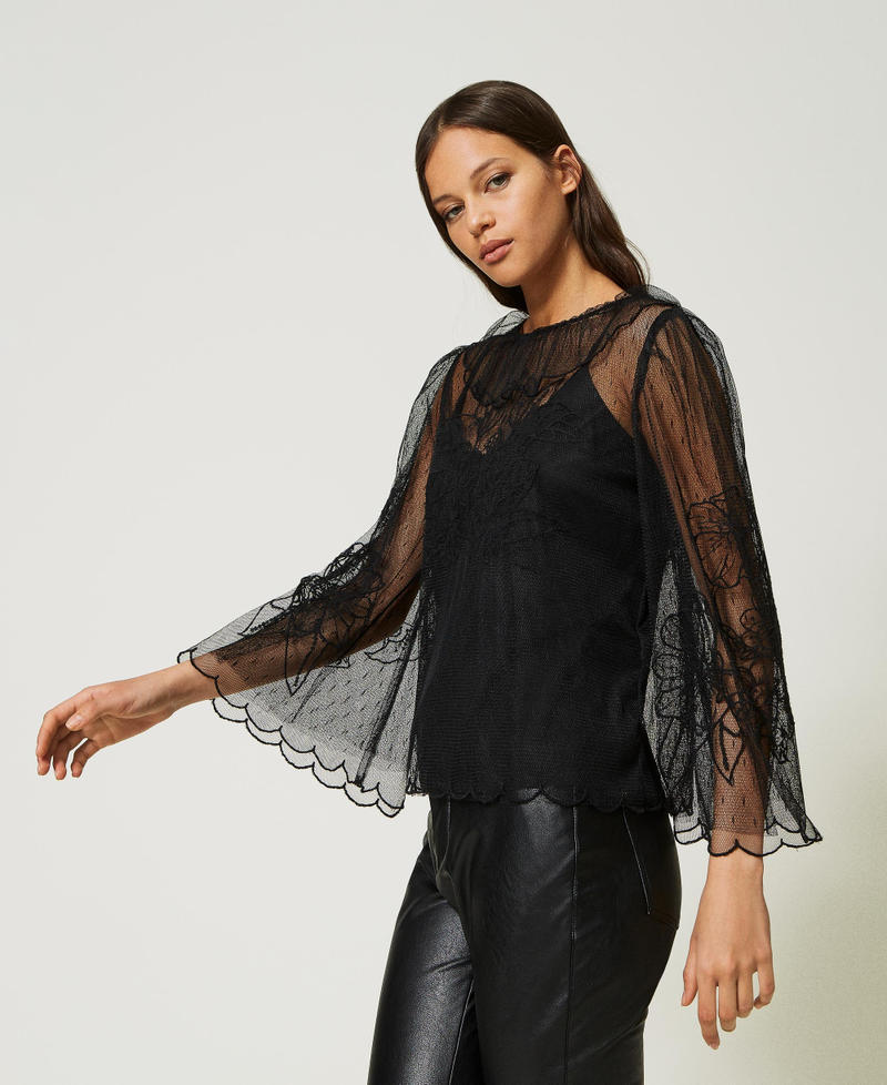 Plumetis tulle blouse with embroidery Black Woman 232TP2103-03