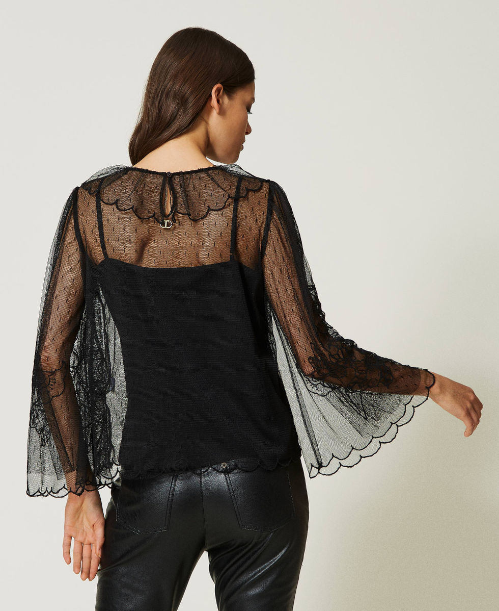 Blusa de tul plumetis con bordado Mujer Negro TWINSET Milano