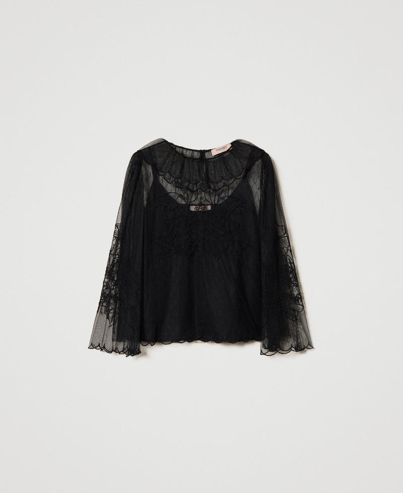 Blusa de tul plumetis con bordado Negro Mujer 232TP2103-0S