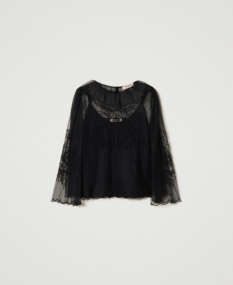 Blouse en tulle plumetis brode Femme Noir TWINSET Milano