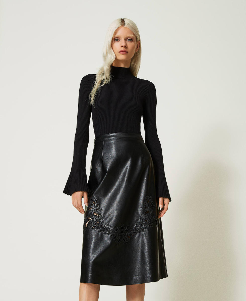 Midi skirt with handmade embroideries Woman Black TWINSET Milano
