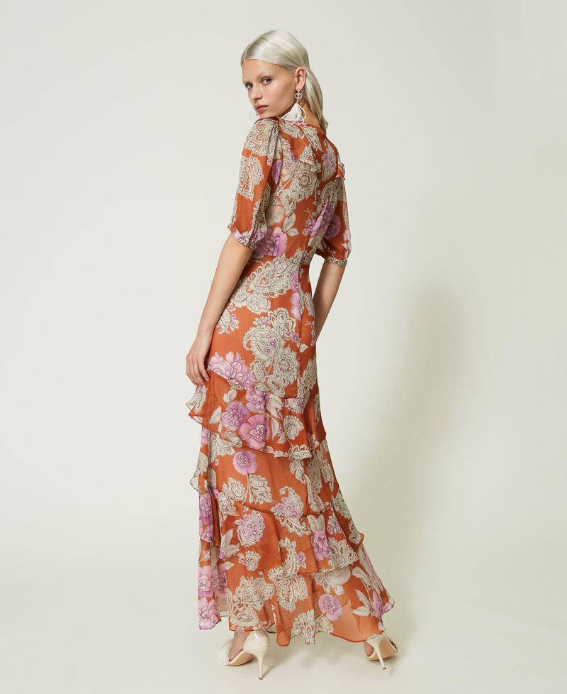 Long creponne dress with ruffles Leather Paisley and Rose Print Woman 232TP213B-04