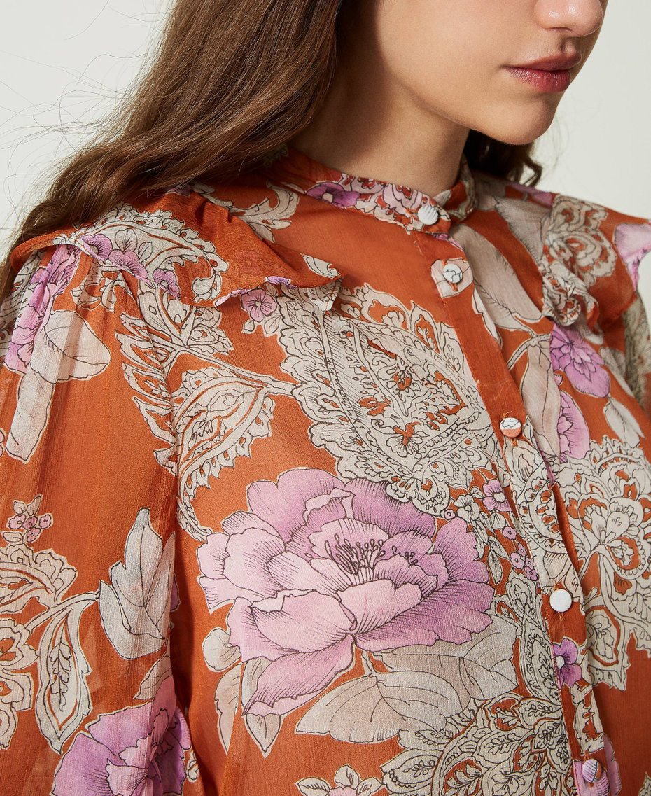 Creponne shirt with ruffles Leather Paisley and Rose Print Woman 232TP213F-04