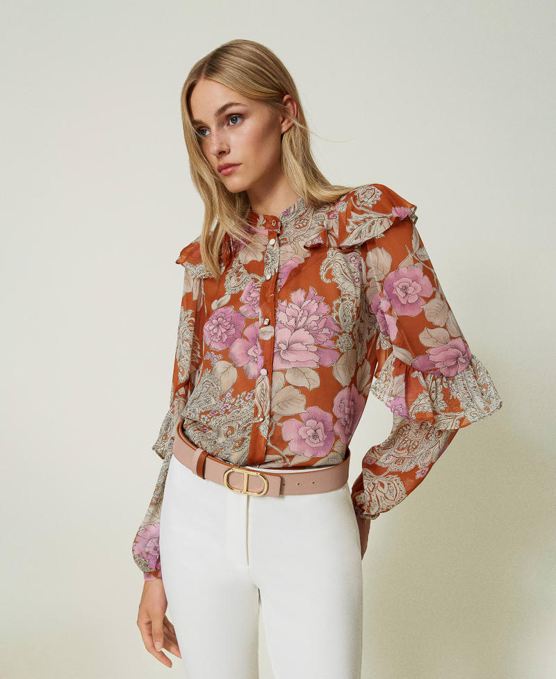Creponne shirt with ruffles Leather Paisley and Rose Print Woman 232TP213F-05