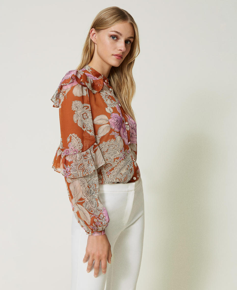 Creponne shirt with ruffles Leather Paisley and Rose Print Woman 232TP213F-06