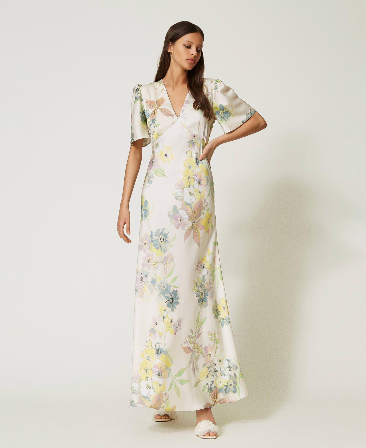 Robe longue en sergé floral avec ajour Imprimé Fleur Ivoire/Pastels Femme 232TP214A-02