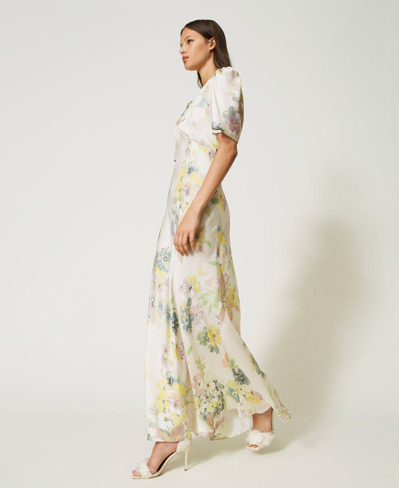 Long floral twill dress with cutout Ivory Floral / Pastel Print Woman 232TP214A-03
