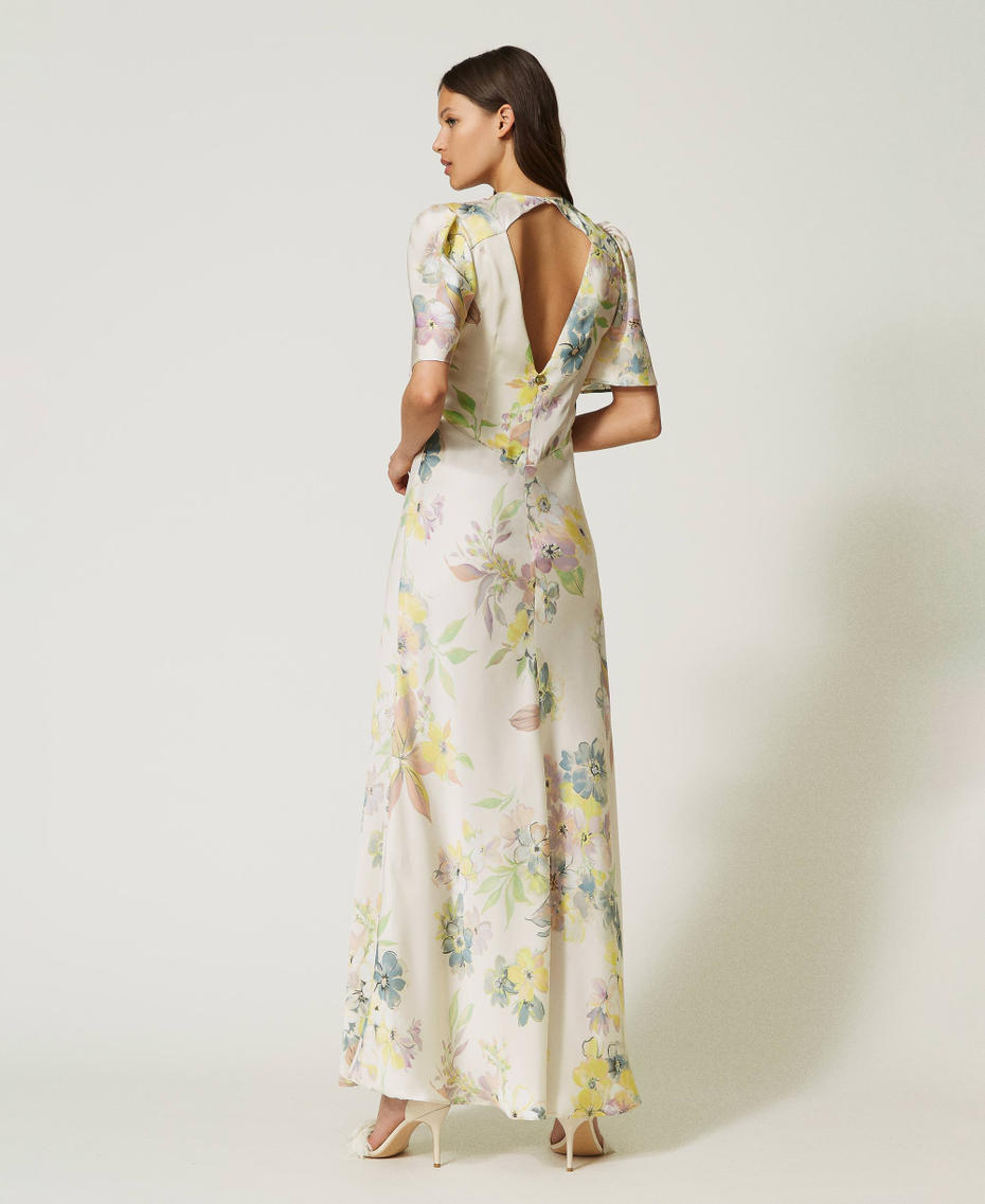 Long floral twill dress with cutout Ivory Floral / Pastel Print Woman 232TP214A-04