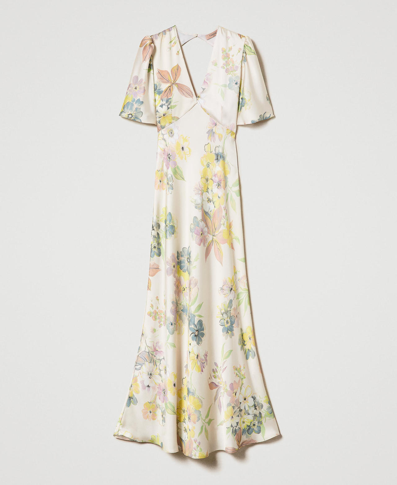 Long floral twill dress with cutout Ivory Floral / Pastel Print Woman 232TP214A-0S