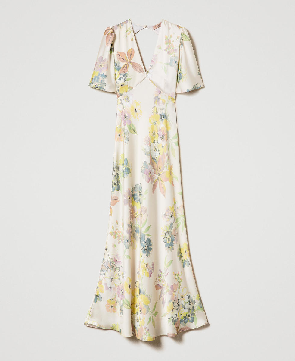 Long floral twill dress with cutout
