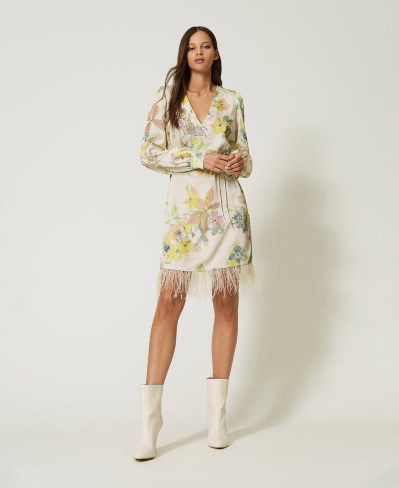 Short floral twill dress with feathers Ivory Floral / Pastel Print Woman 232TP214C-01