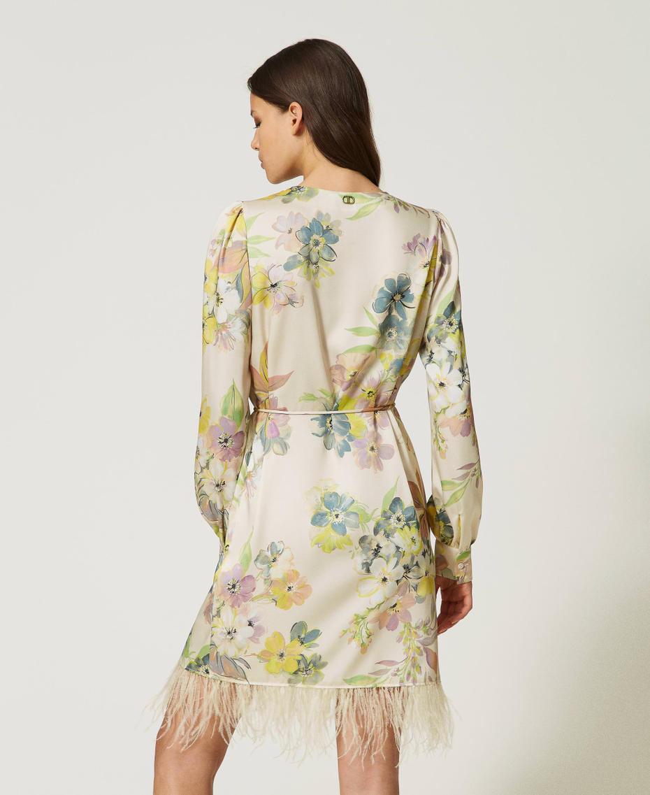 Abito corto in twill a fiori con piume
