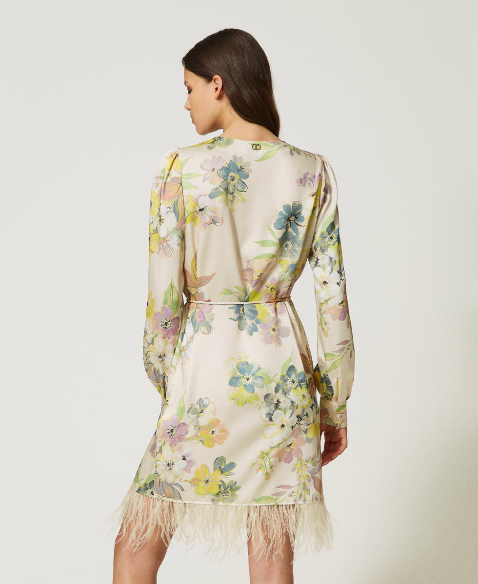 Short floral twill dress with feathers Ivory Floral / Pastel Print Woman 232TP214C_10872_03