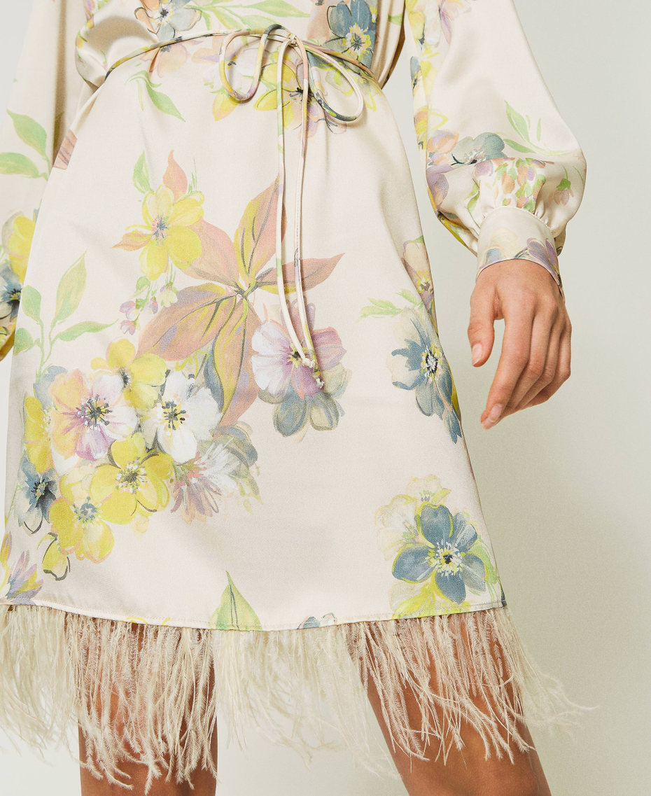 Short floral twill dress with feathers Ivory Floral / Pastel Print Woman 232TP214C-04