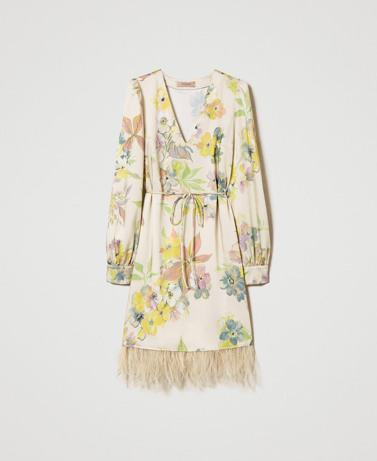 Abito corto in twill a fiori con piume