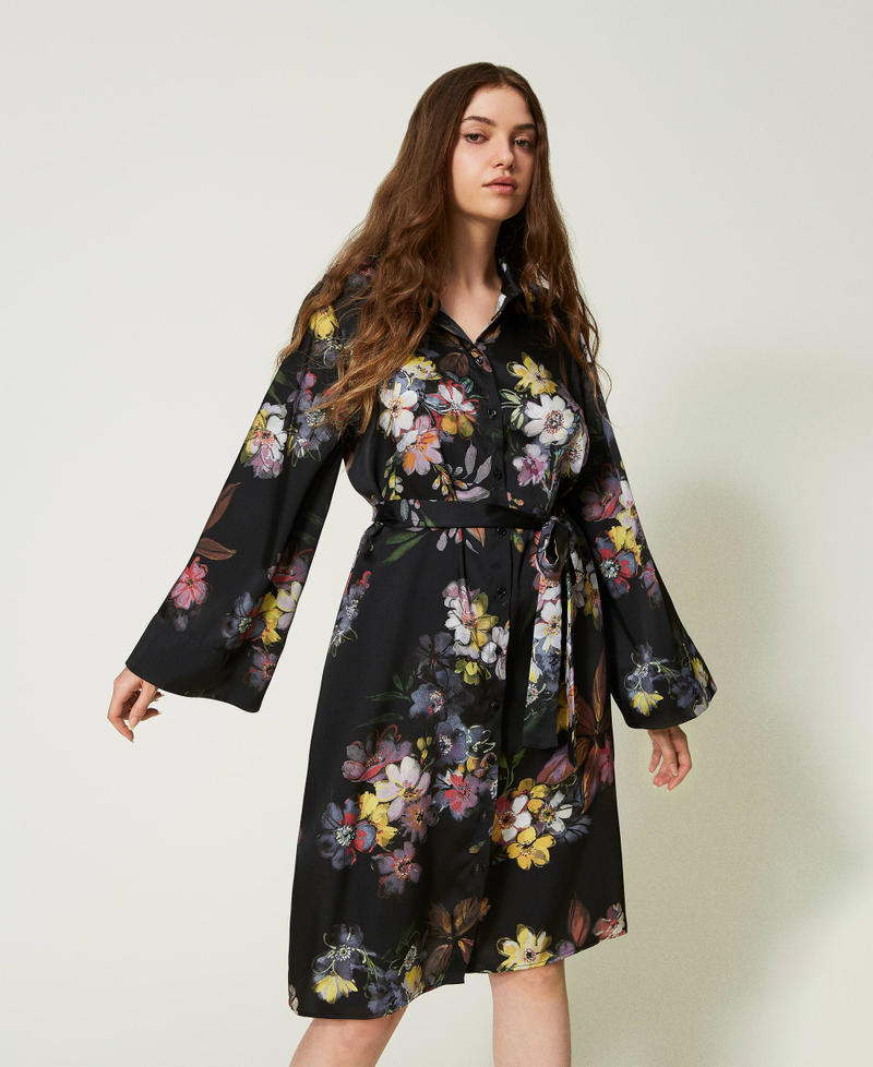 Short floral twill shirt dress Black Floral / Multicolour Print Woman 232TP214H-01