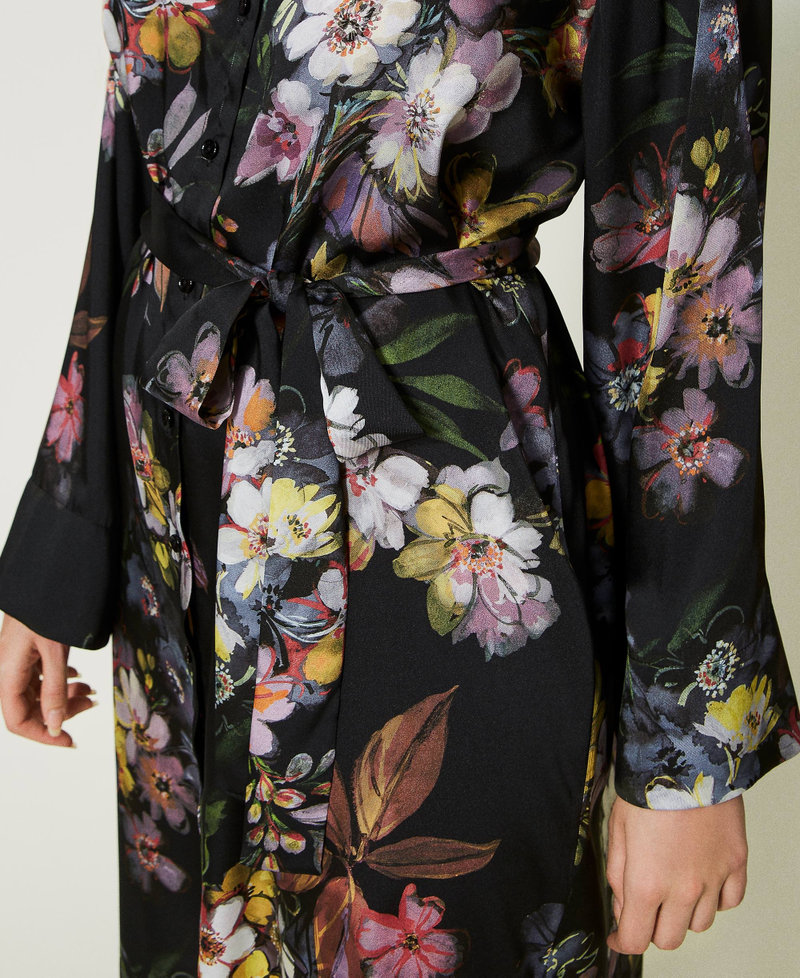 Short floral twill shirt dress Black Floral / Multicolour Print Woman 232TP214H-04