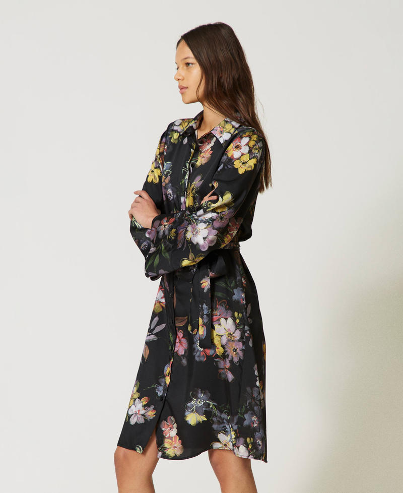 Short floral twill shirt dress Black Floral / Multicolour Print Woman 232TP214H-06