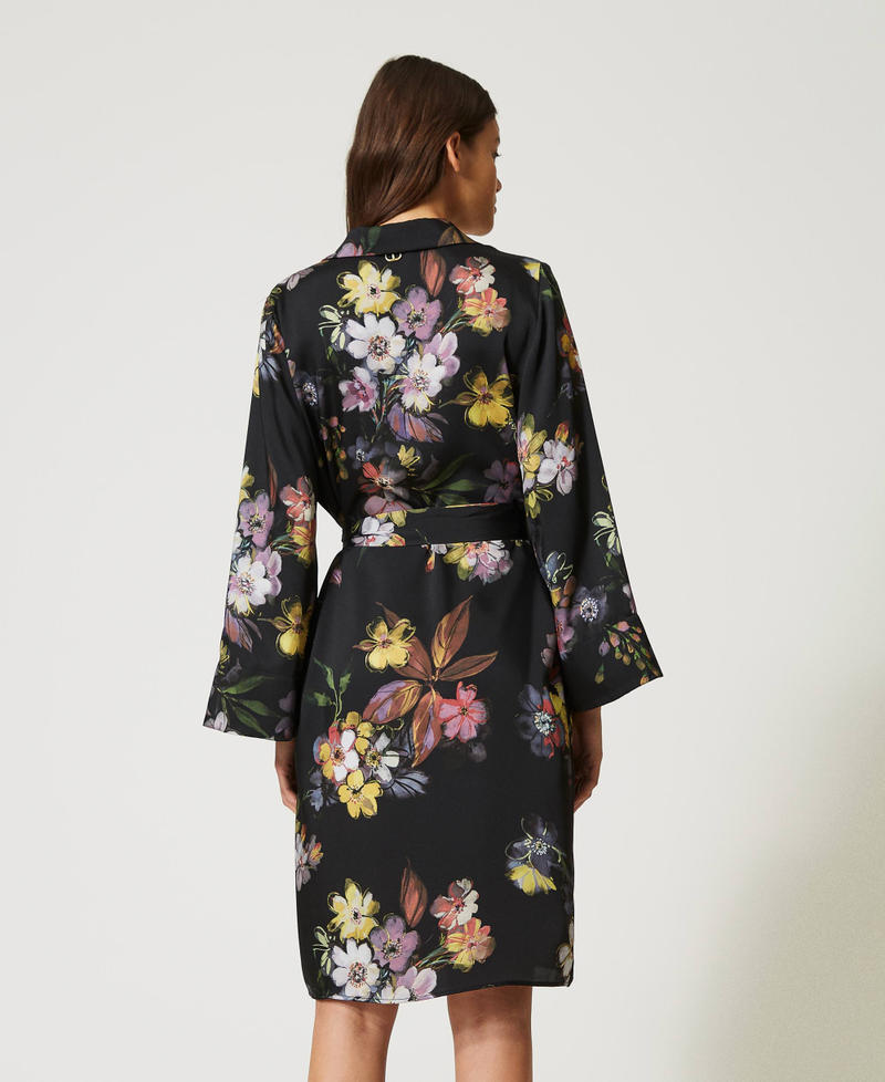 Short floral twill shirt dress Black Floral / Multicolour Print Woman 232TP214H-08