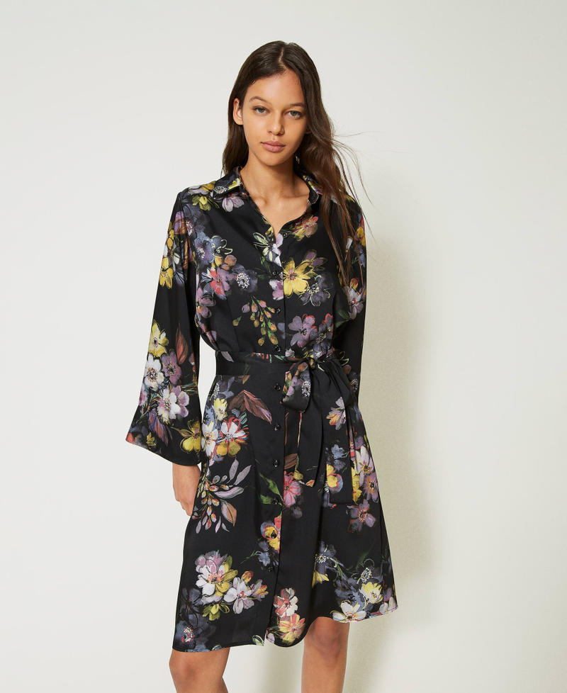 Short floral twill shirt dress Black Floral / Multicolour Print Woman 232TP214H-09