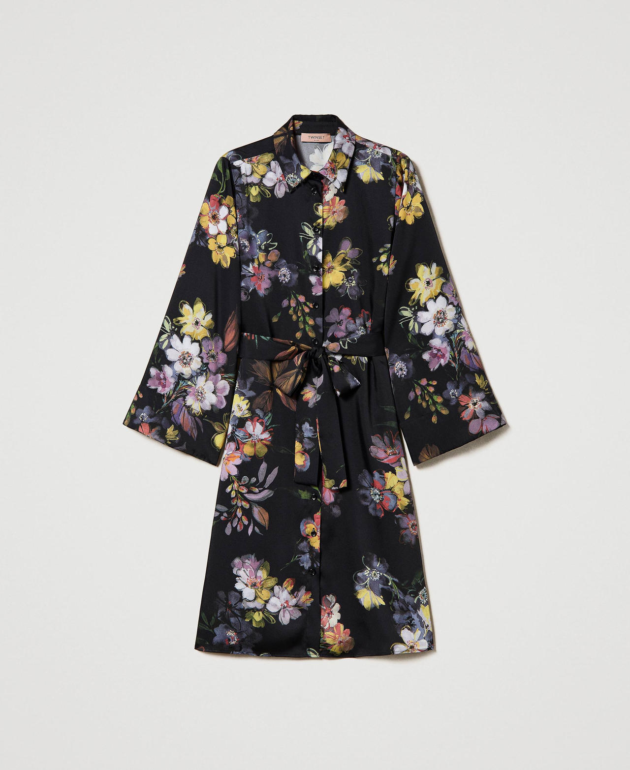 Short floral twill shirt dress Black Floral / Multicolour Print Woman 232TP214H-0S