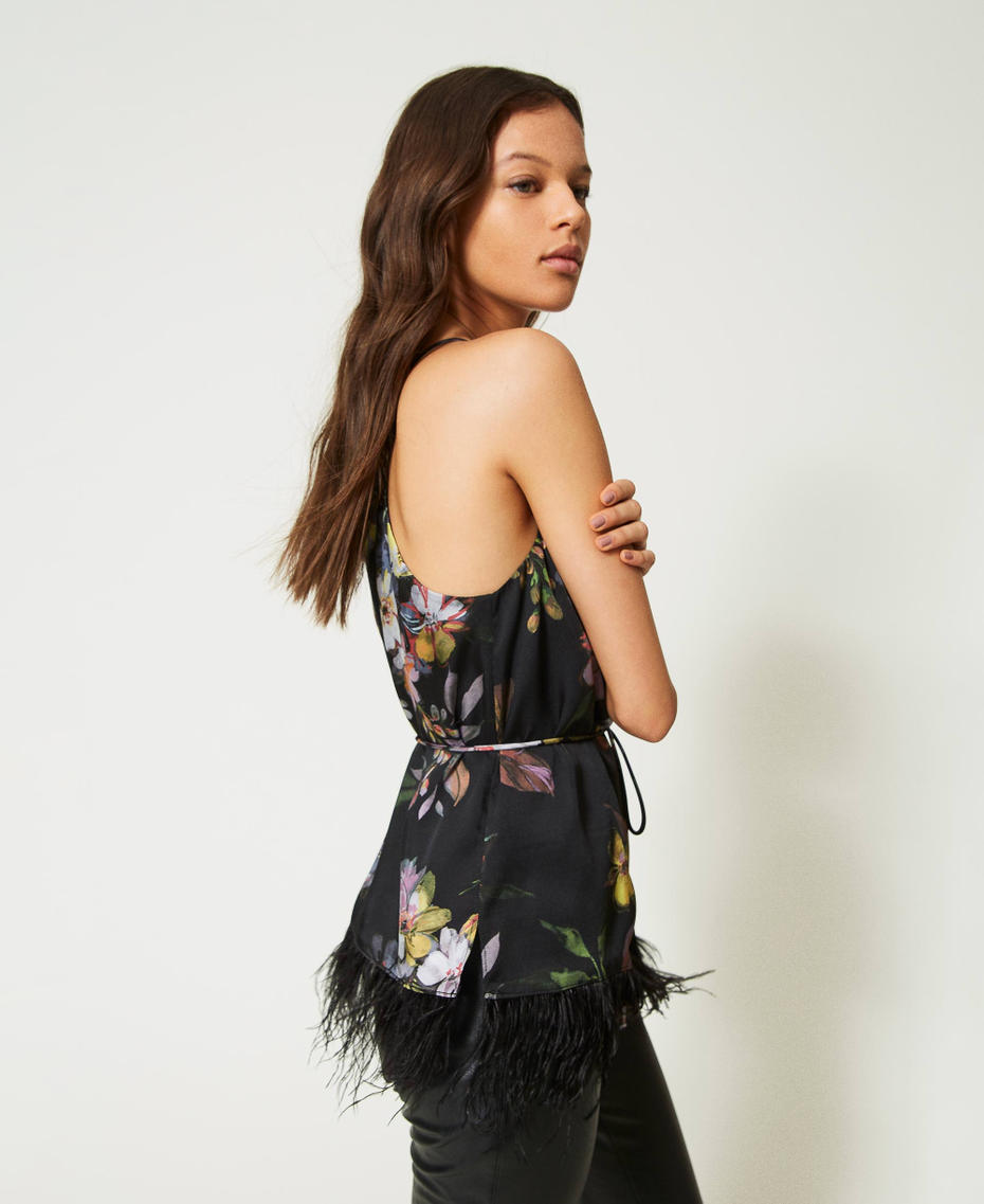 Top in twill a fiori con piume Stampa Fiore Nero / Multicolor Donna 232TP214J_10873_03