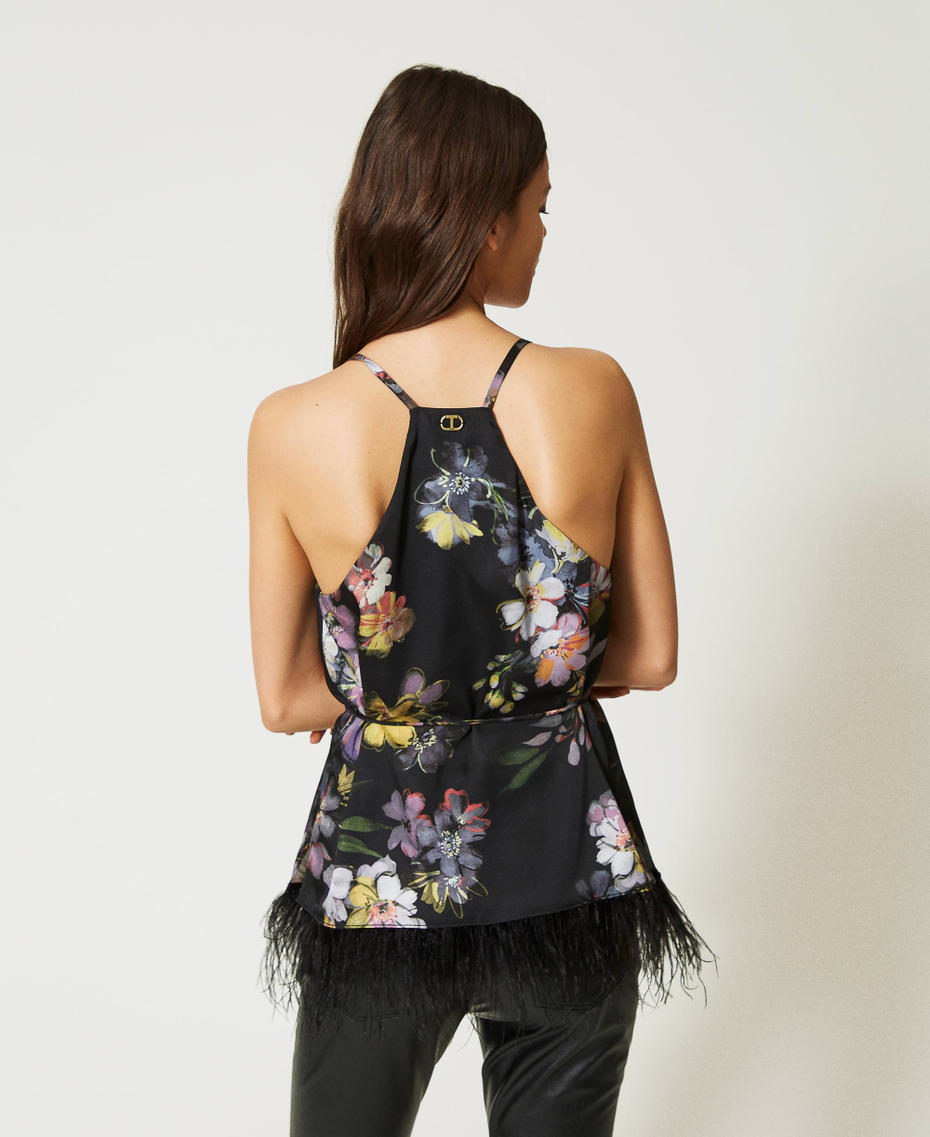 Floral twill top with feathers Black Floral / Multicolour Print Woman 232TP214J-04