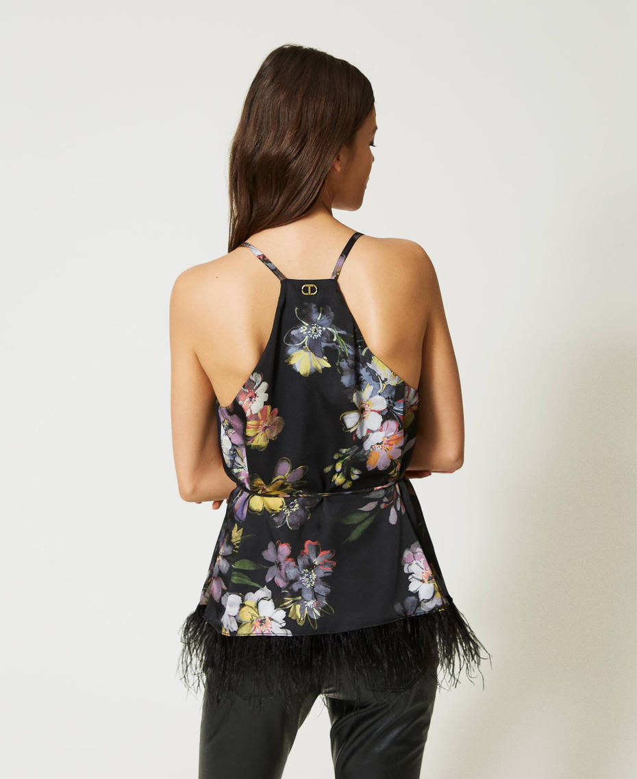 Top in twill a fiori con piume Stampa Fiore Nero / Multicolor Donna 232TP214J_10873_04